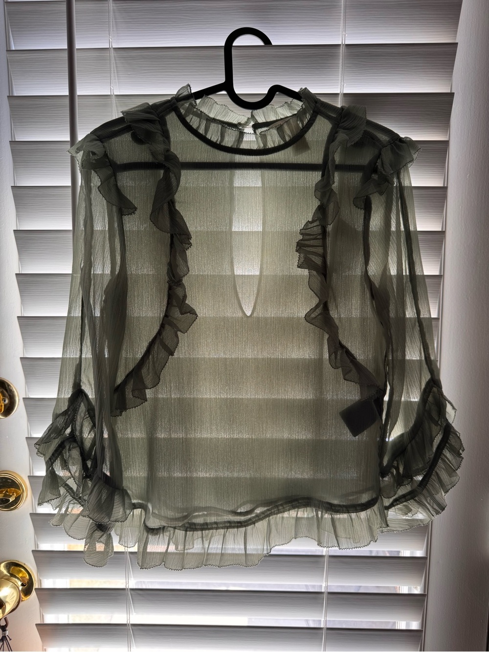 H&M Olive Sheer Ruffle Long-Sleeve Blouse